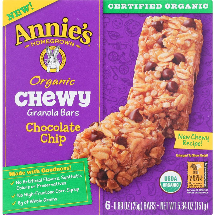 ANNIES HOMEGROWN: Organic Chewy Granola Bars Chocolate Chip 6 pk, 5.34 oz
