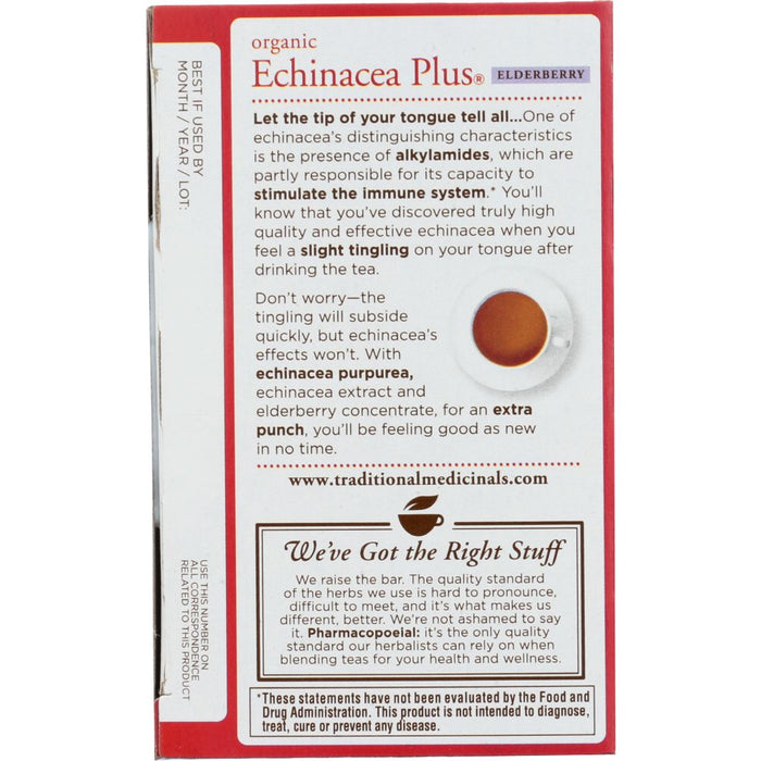TRADITIONAL MEDICINALS: Organic Echinacea Plus Elderberry Herbal Tea 16 tea bags, 0.85 oz