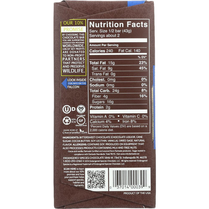 ENDANGERED SPECIES: Chocolate Natural 60% Dark Chocolate Bar Blackberry Sage, 3 Oz