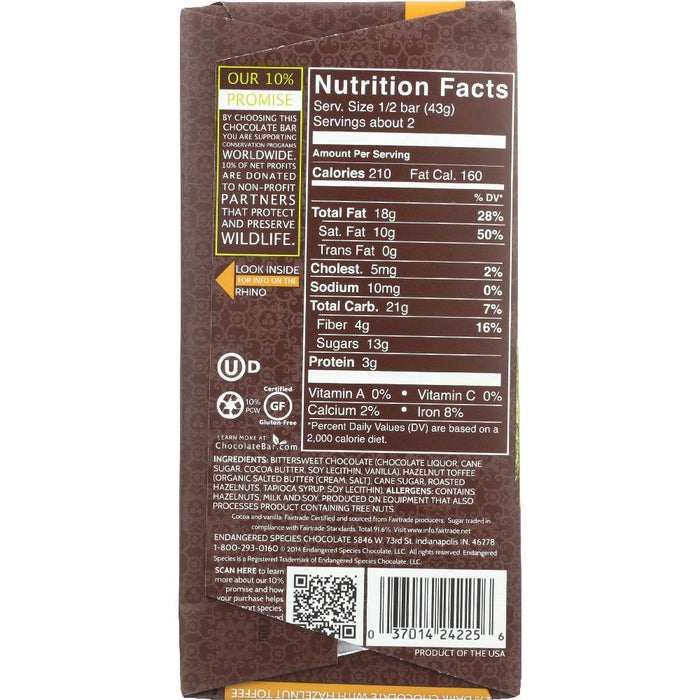 ENDANGERED SPECIES: Natural Dark Chocolate Bar with Hazelnut Toffee, 3 oz