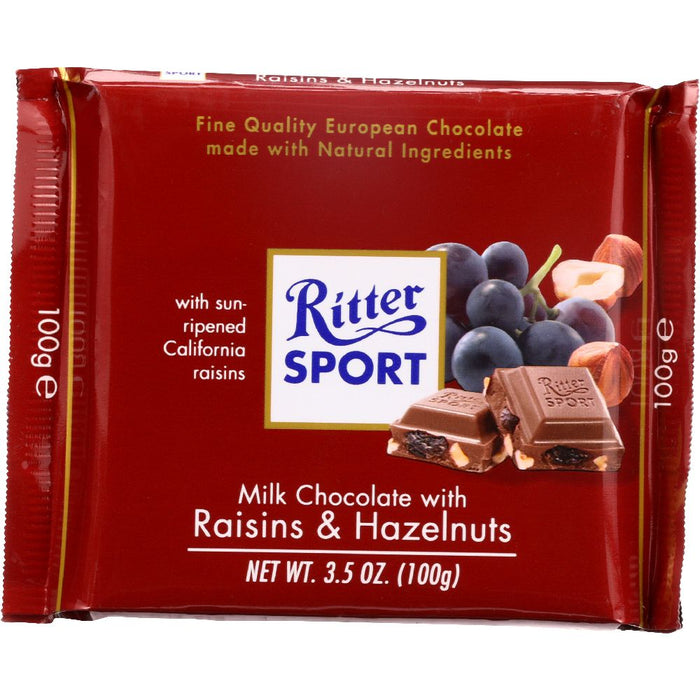 RITTER SPORT: Milk Chocolate with Raisins & Hazelnuts Bar, 3.5 oz