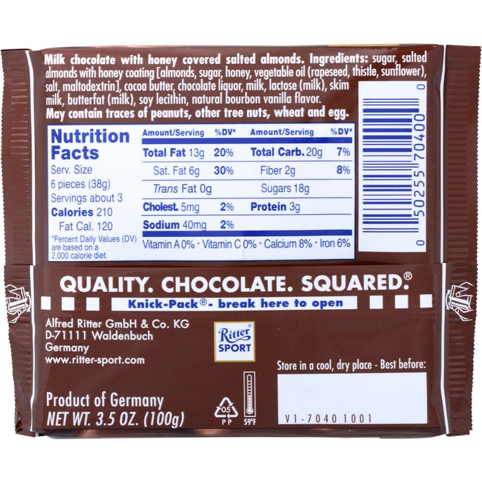 RITTER SPORT: Honey Salt Almonds Chocolate Bar, 3.5 oz
