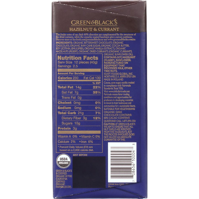 GREEN & BLACK'S: Organic Hazelnut & Currant Dark Chocolate, 3.5 oz
