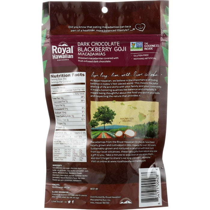 ROYAL HAWAIIAN ORCHARDS: Dark Chocolate Covered Blackberry Goji Macadamia Nuts, 4.5 oz