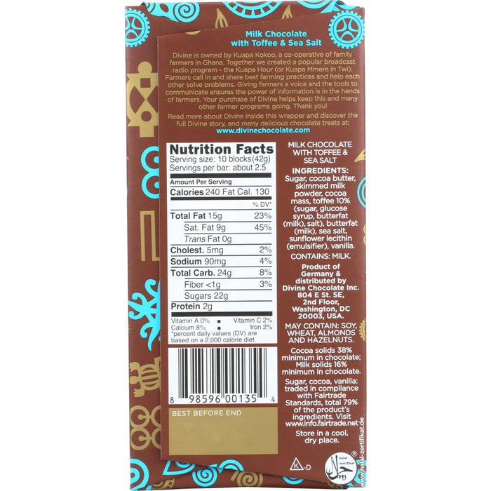 DIVINE CHOCOLATE: 38% Milk Chocolate Toffee & Sea Salt, 3.5 oz