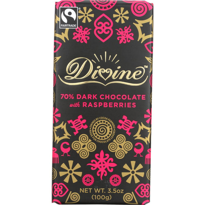 DIVINE CHOCOLATE: 70% Dark Chocolate Bar with Raspberries, 3.5 oz