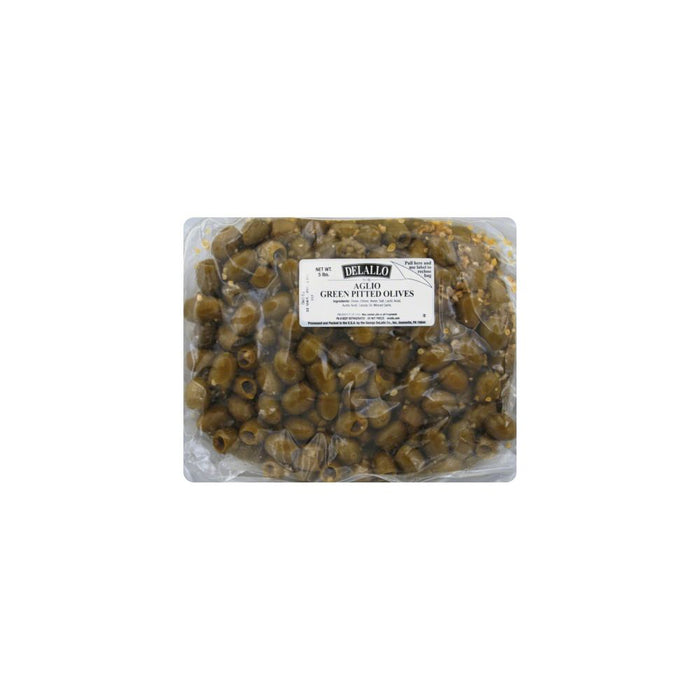 DELALLO: Italian Aglio Green Pitted Olives, 5 lb