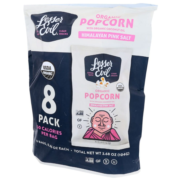 LESSER EVIL: Himalayan Pink Salt Organic Popcorn 8 Snack Pack, 3.68 oz